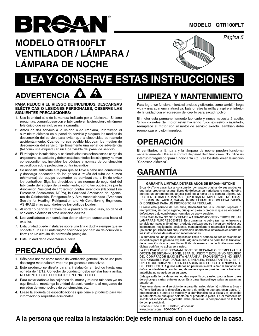 Broan QTR100FLT warranty LEA Y Conserve Estas Instrucciones 