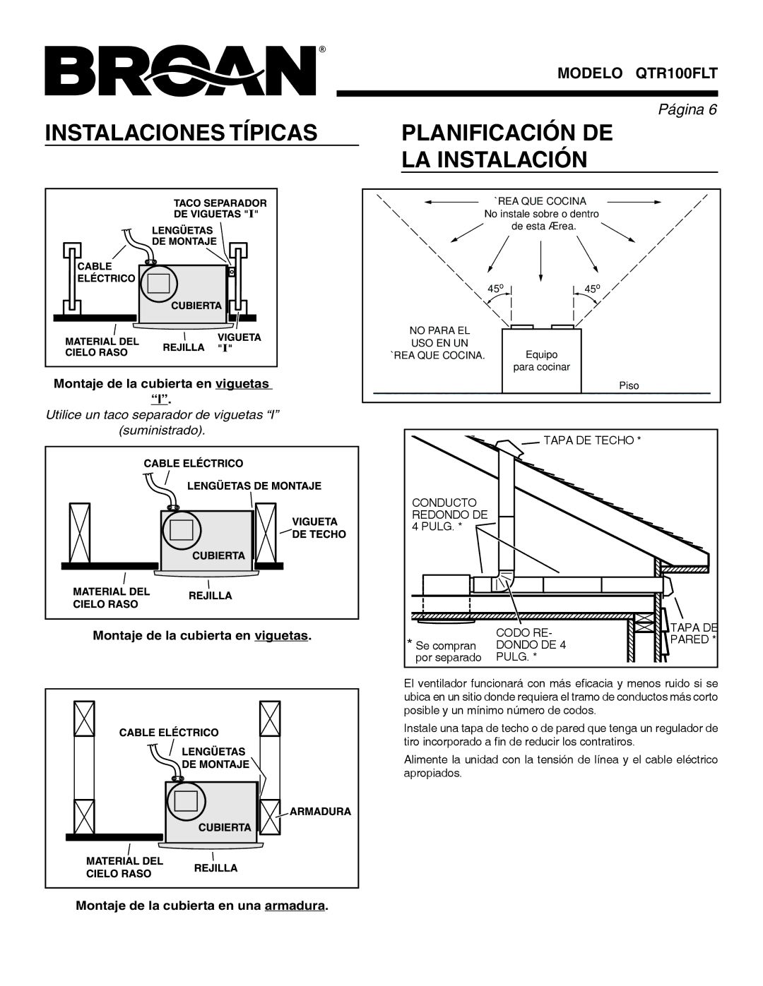 Broan QTR100FLT warranty Instalaciones Típicas, Planificación DE LA Instalación 