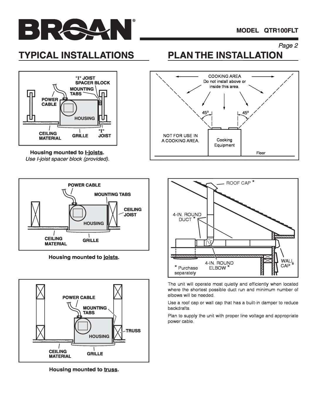 Broan QTR100FLT warranty Typical Installations, Plan The Installation, Page , Housing mounted to I-joists 