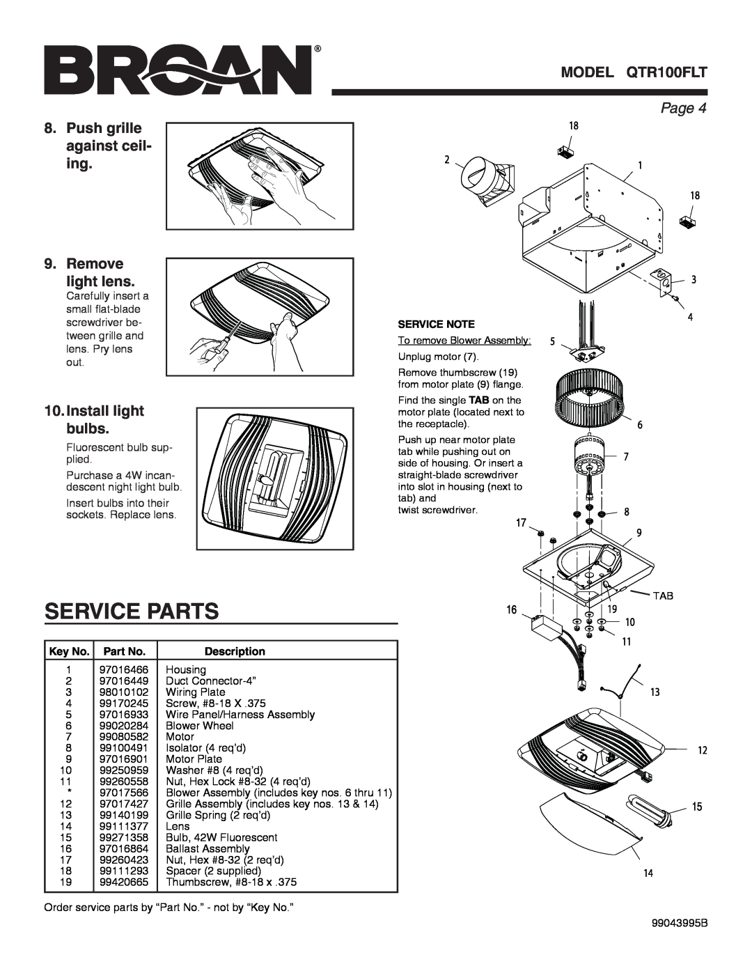 Broan QTR100FLT warranty Service Parts, Page , Description 