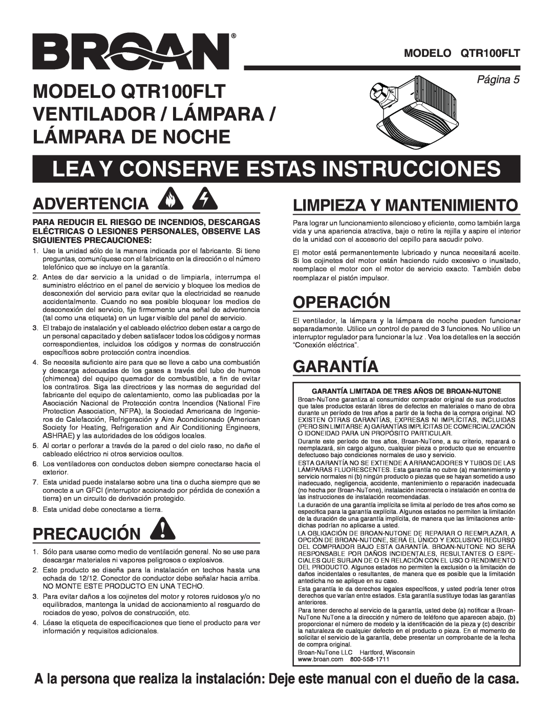Broan QTR100FLT Lea Y Conserve Estas Instrucciones, Advertencia, Precaución, Limpieza Y Mantenimiento, Operación, Garantía 