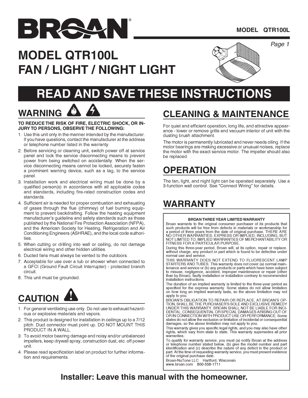 Broan QTR100L warranty Read and Save These Instructions, Cleaning & Maintenance, Operation, Warranty 
