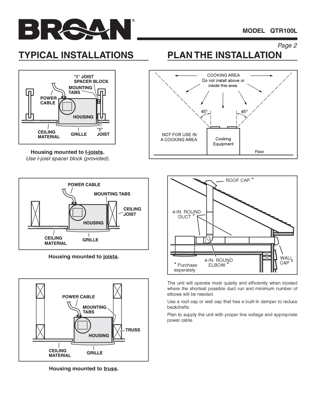 Broan QTR100L warranty Typical Installations, Plan the Installation 