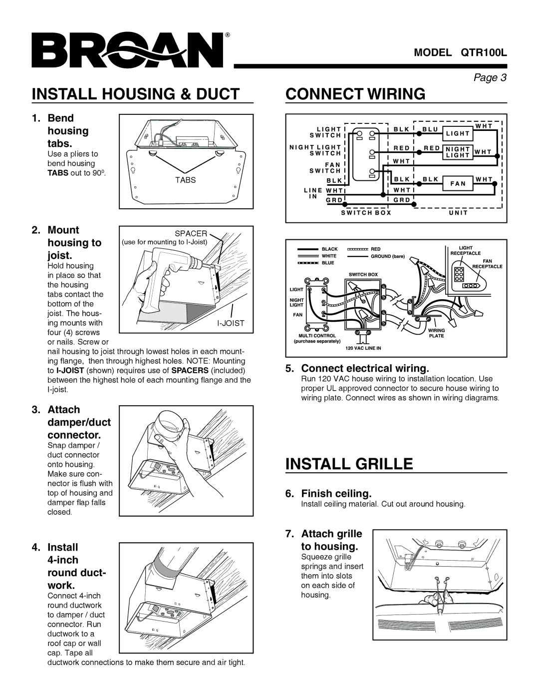 Broan QTR100L warranty Install Housing & Duct Connect Wiring, Install Grille 