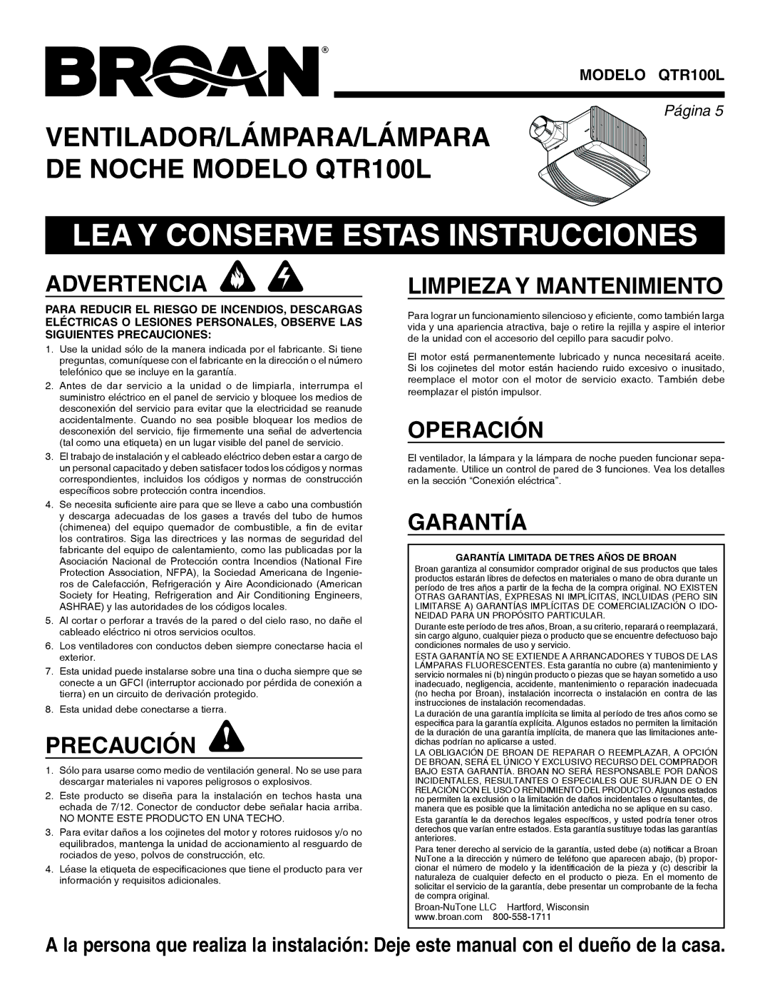 Broan QTR100L warranty LEA Y Conserve Estas Instrucciones 