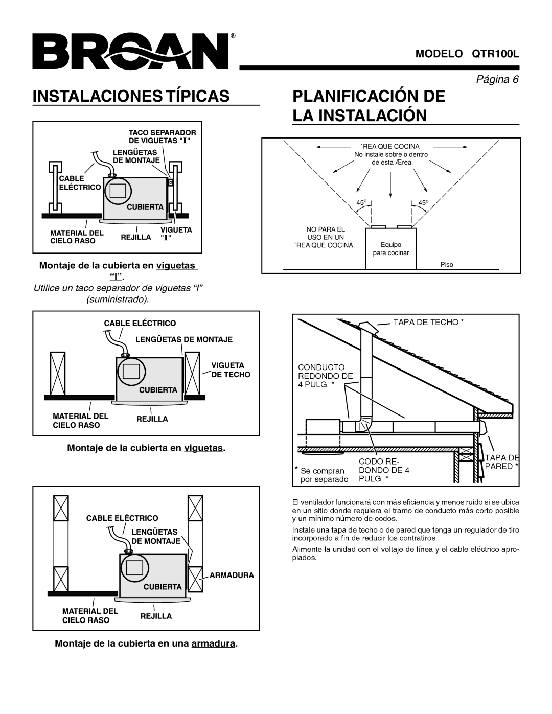 Broan QTR100L warranty Instalaciones Típicas, Planificación DE LA Instalación 