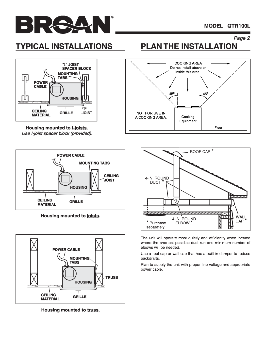 Broan QTR100L Typical Installations, Plan The Installation, Page , Housing mounted to I-joists, Housing mounted to joists 