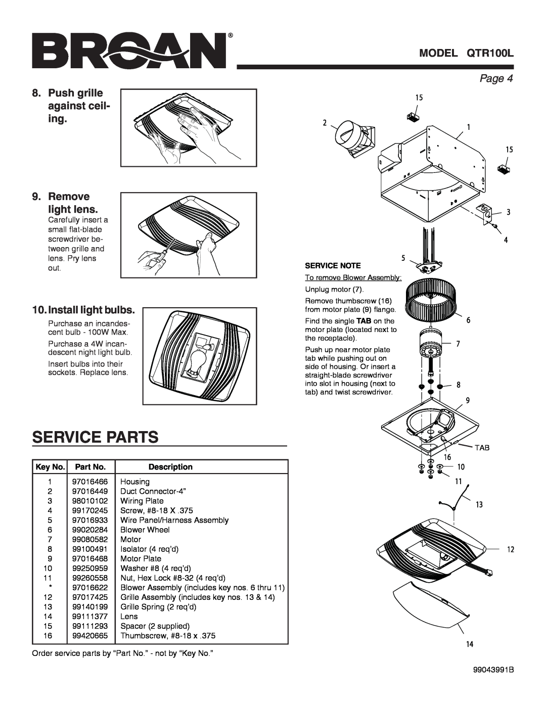 Broan QTR100L warranty Service Parts, Page , Description 