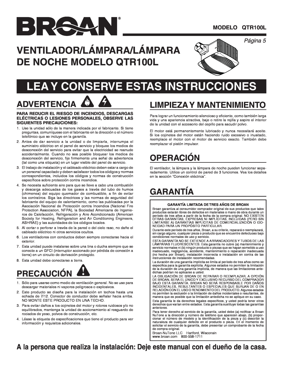 Broan QTR100L Lea Y Conserve Estas Instrucciones, Advertencia, Precaución, Limpieza Y Mantenimiento, Operación, Garantía 