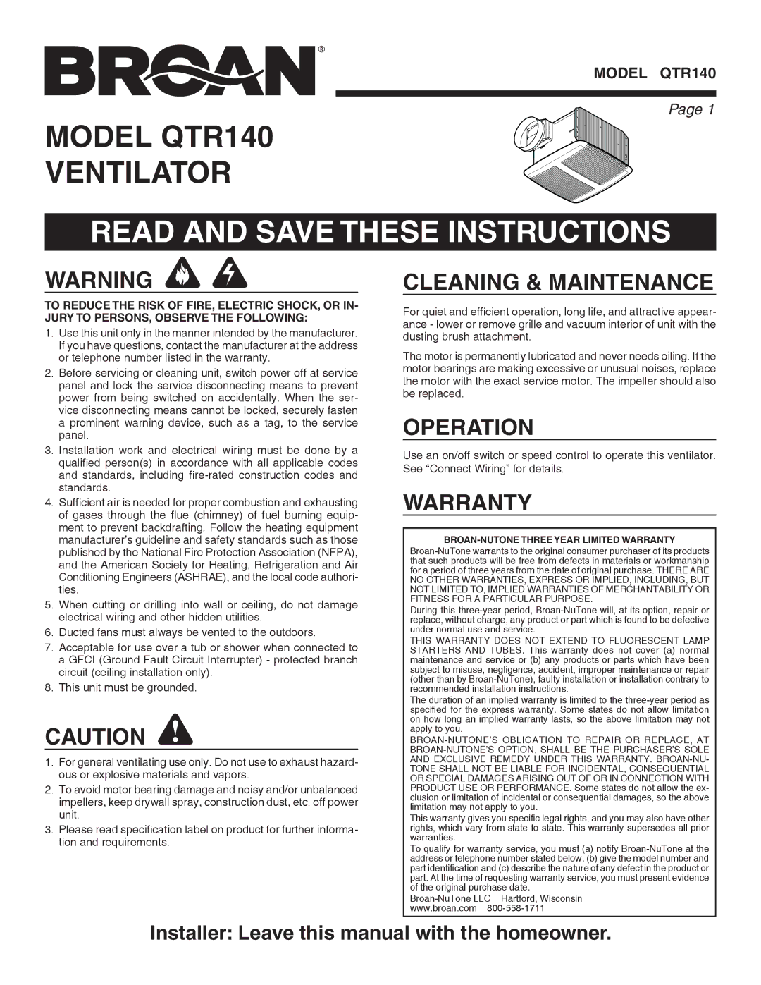 Broan QTR140 manual Read and Save These Instructions, Cleaning & Maintenance, Operation, Warranty 