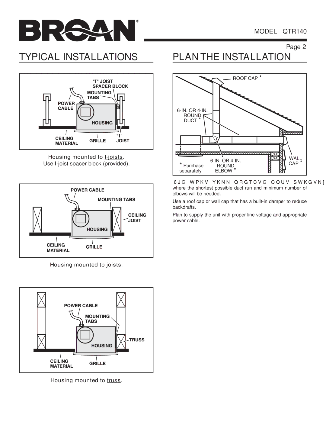 Broan QTR140 manual Typical Installations, Plan the Installation 