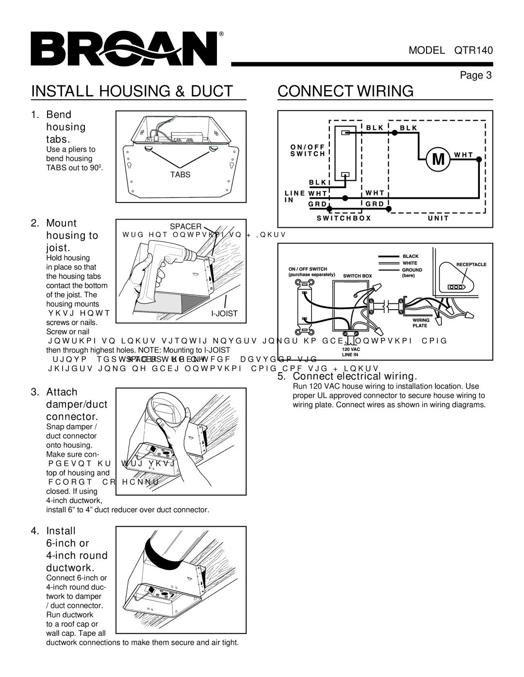 Broan QTR140 manual Install Housing & Duct Connect Wiring 