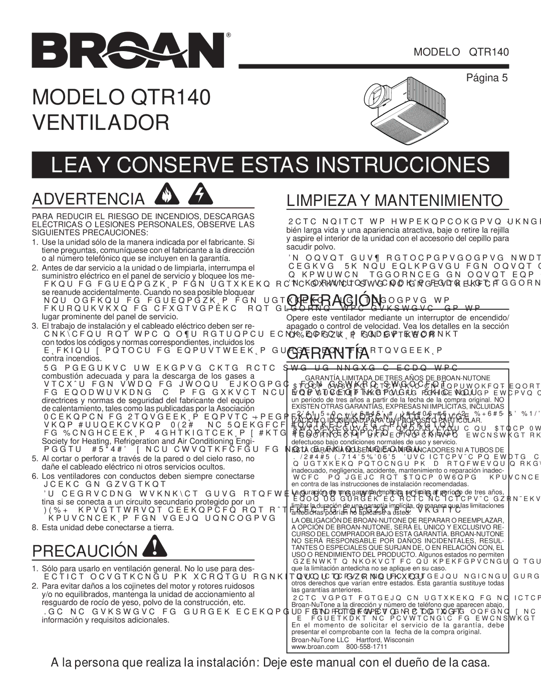 Broan QTR140 manual LEA Y Conserve Estas Instrucciones 