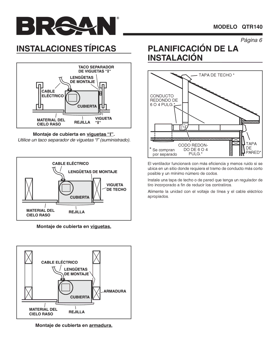 Broan QTR140 Instalaciones Típicas, Planificación DE LA Instalación, Tapa DE Techo Conducto Redondo DE, Codo Redon Tapa 