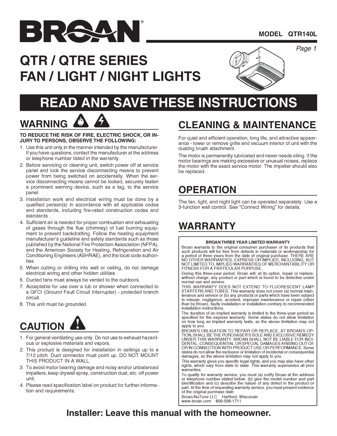 Broan QTR140L warranty Read and Save These Instructions, Cleaning & Maintenance, Operation, Warranty 