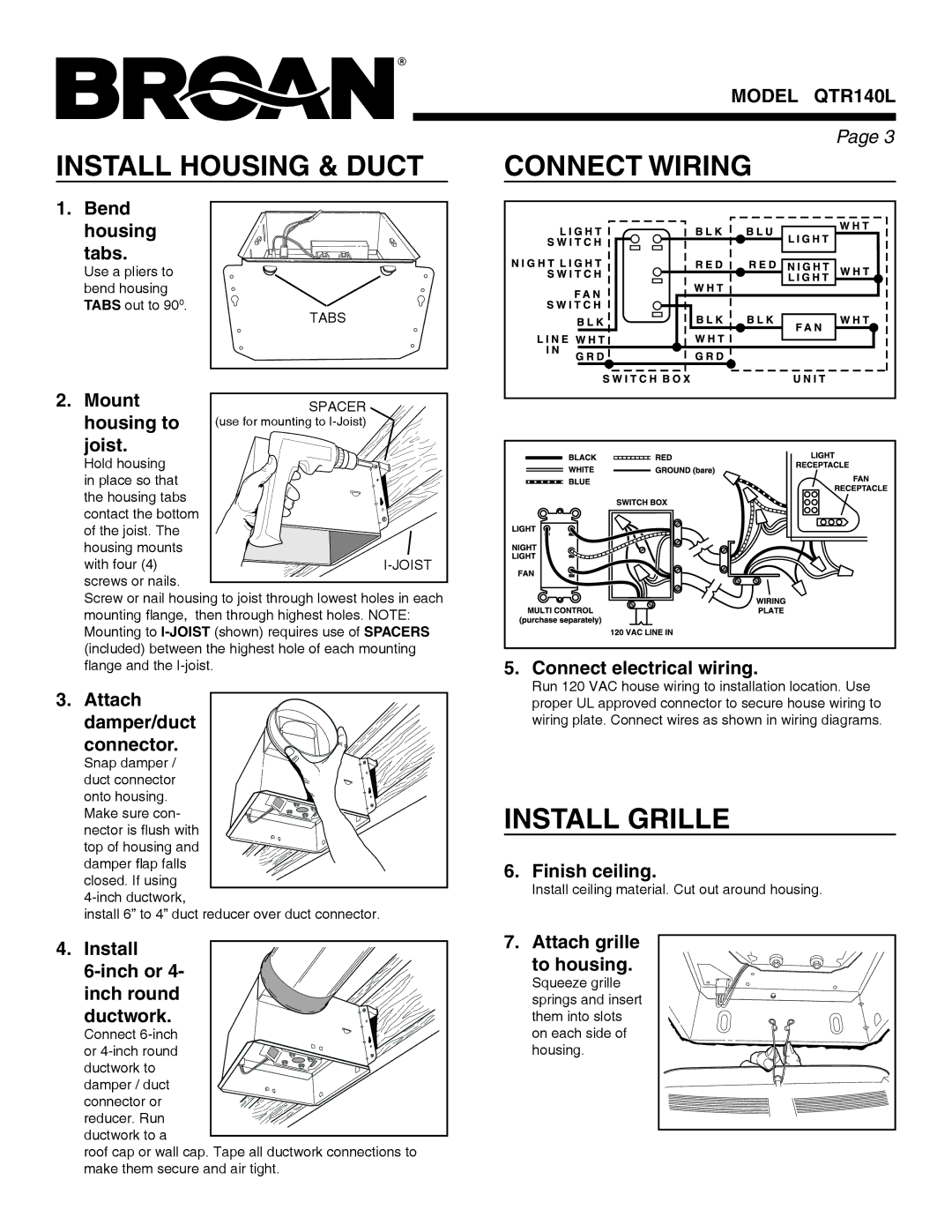 Broan QTR140L warranty Install Housing & Duct Connect Wiring, Install Grille 