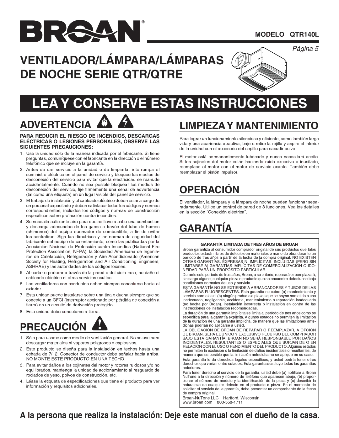 Broan QTR140L warranty LEA Y Conserve Estas Instrucciones 