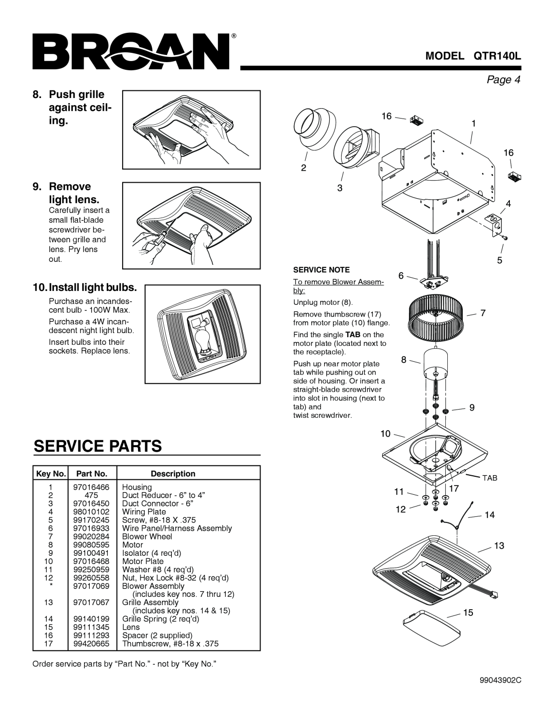 Broan QTR140L warranty Service Parts, Page , Description 