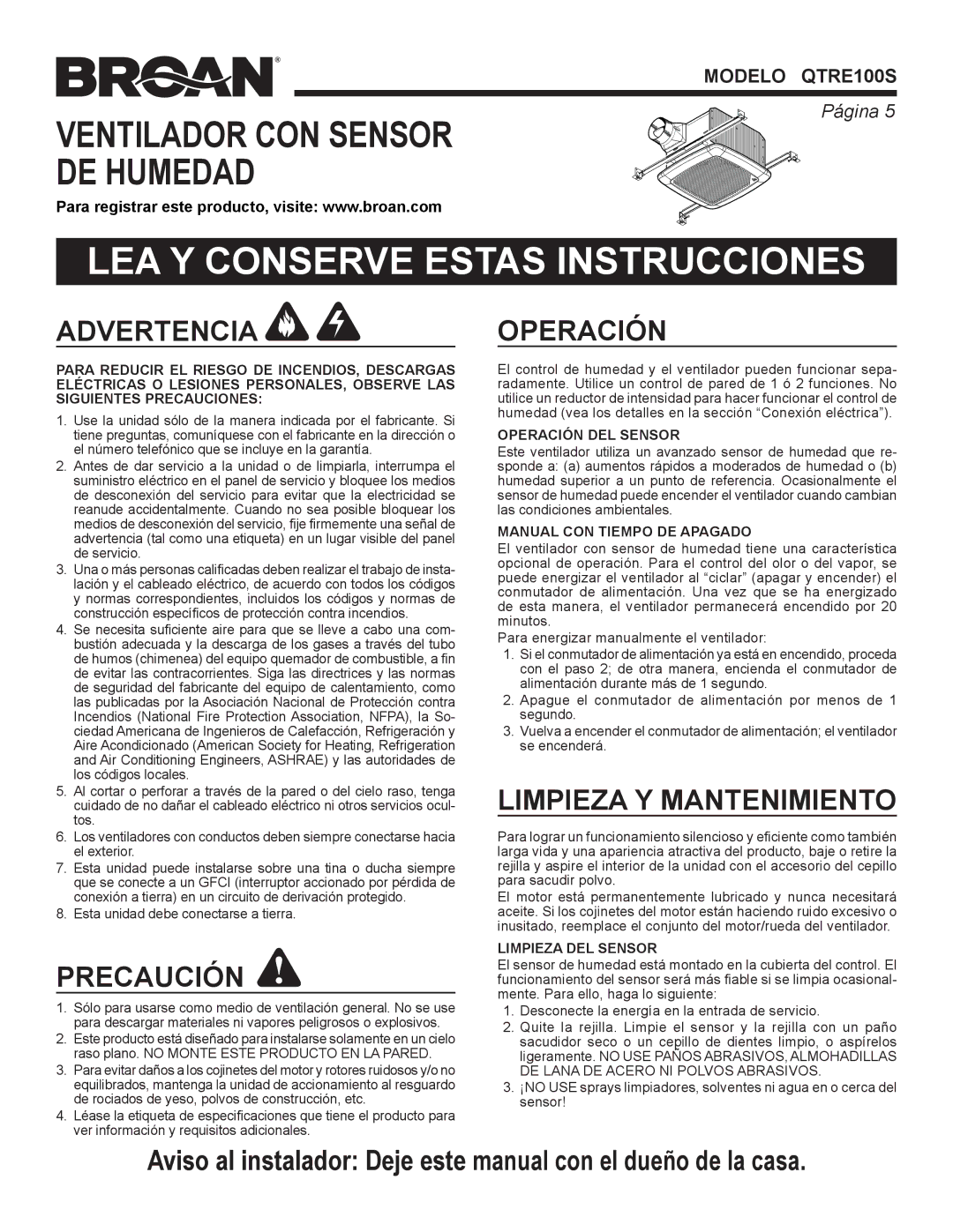 Broan QTRE100S warranty LEA Y Conserve Estas Instrucciones, Advertencia, Precaución, Operación, Limpieza Y Mantenimiento 