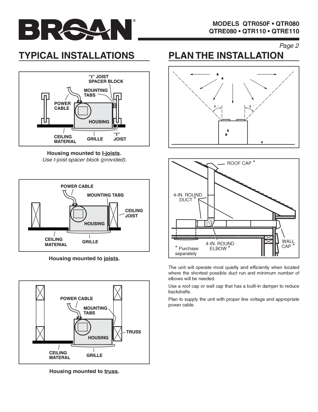 Broan QTR110, QTRE110, QTRE080, QTR080, QTR050F manual Typical Installations, Plan the Installation 