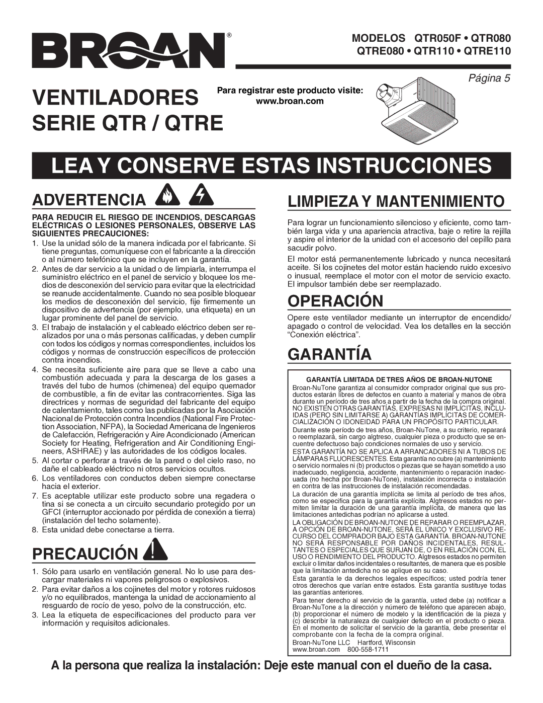 Broan QTRE110, QTRE080, QTR110, QTR080, QTR050F manual LEA Y Conserve Estas Instrucciones 