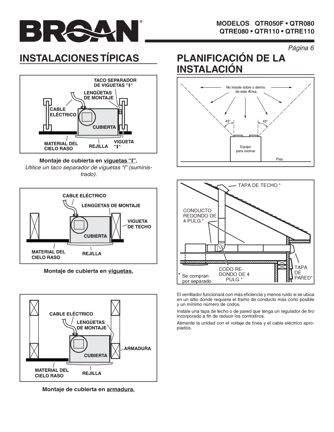 Broan QTRE080, QTRE110, QTR110, QTR080, QTR050F manual Instalaciones Típicas, Planificación DE LA Instalación 