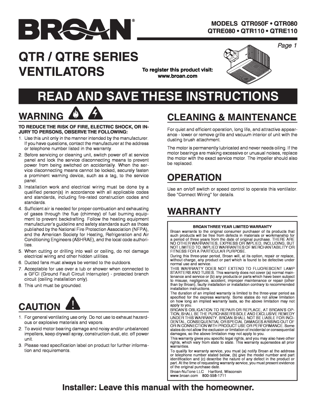 Broan QTRE080 manual Qtr / Qtre Series Ventilators, Read And Save These Instructions, Cleaning & Maintenance, Operation 