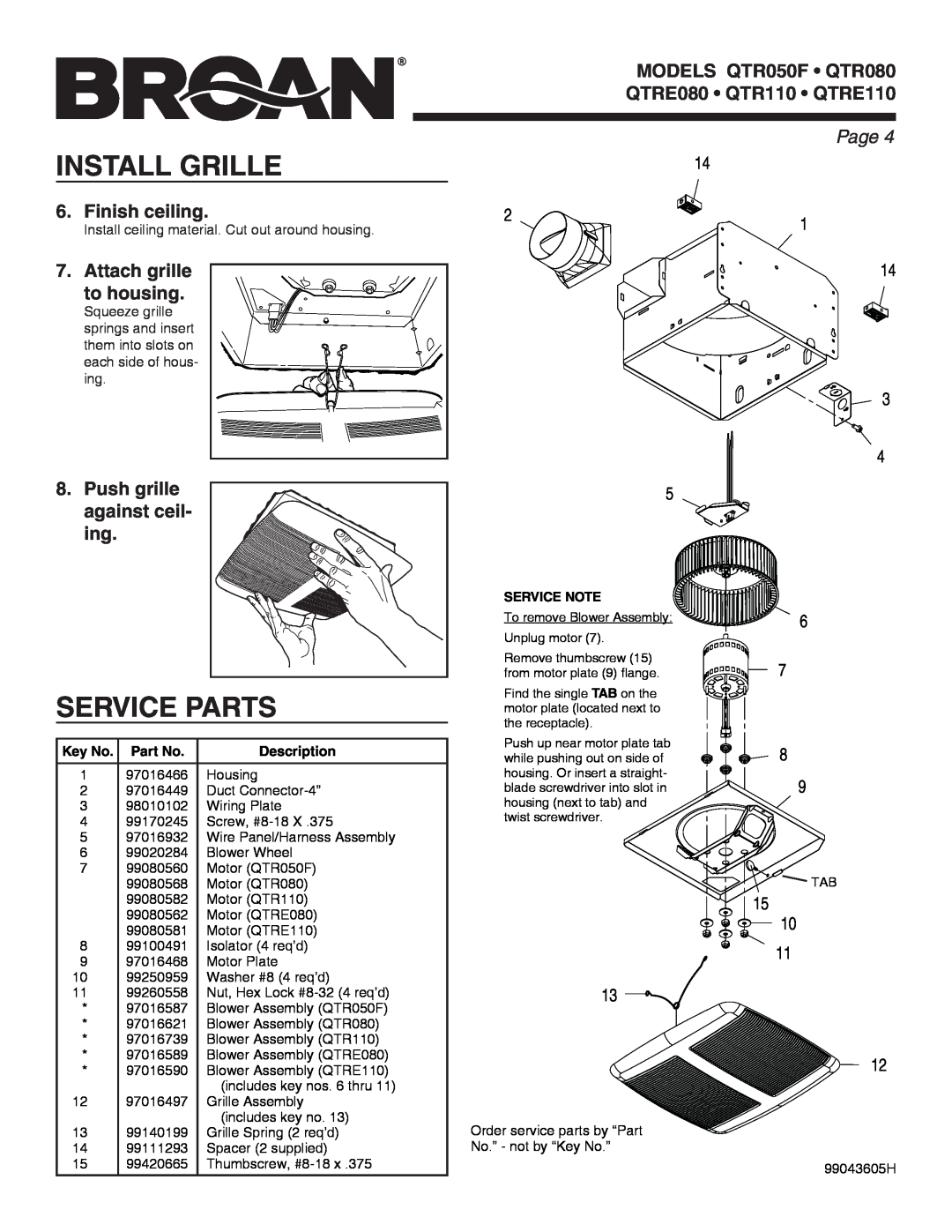 Broan QTR050F, QTRE110, QTRE080, QTR110, QTR080 manual Install Grille, Service Parts, Page , Description 