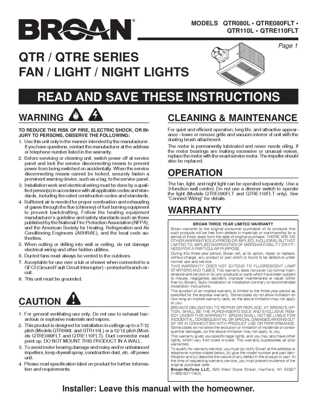 Broan QTRE080FLT, QTRE110FLT, QTR110L manual Read and Save These Instructions, Cleaning & Maintenance, Operation, Warranty 