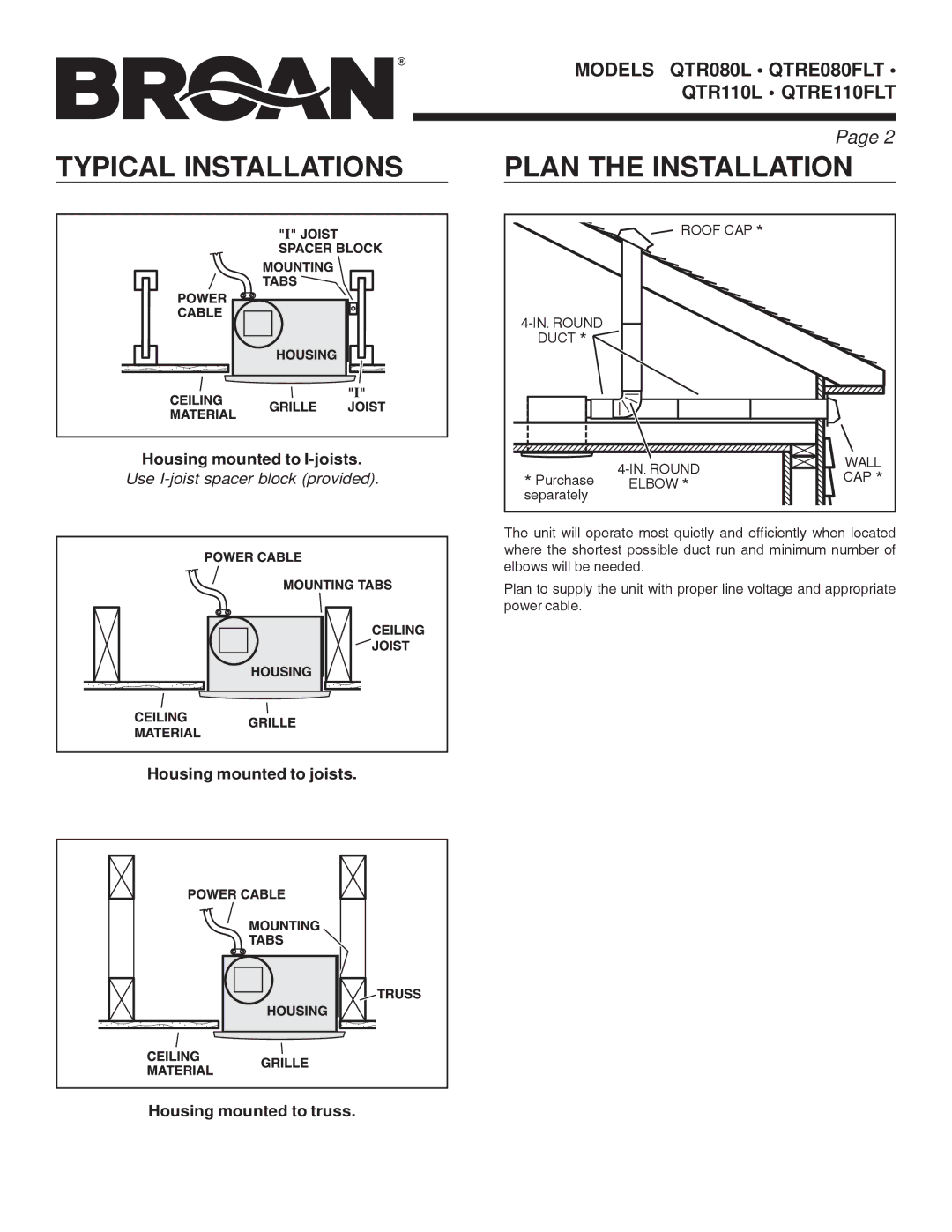 Broan QTR110L, QTRE110FLT, QTRE080FLT manual Typical Installations, Plan the Installation, Roof CAP, Wall, Elbow 