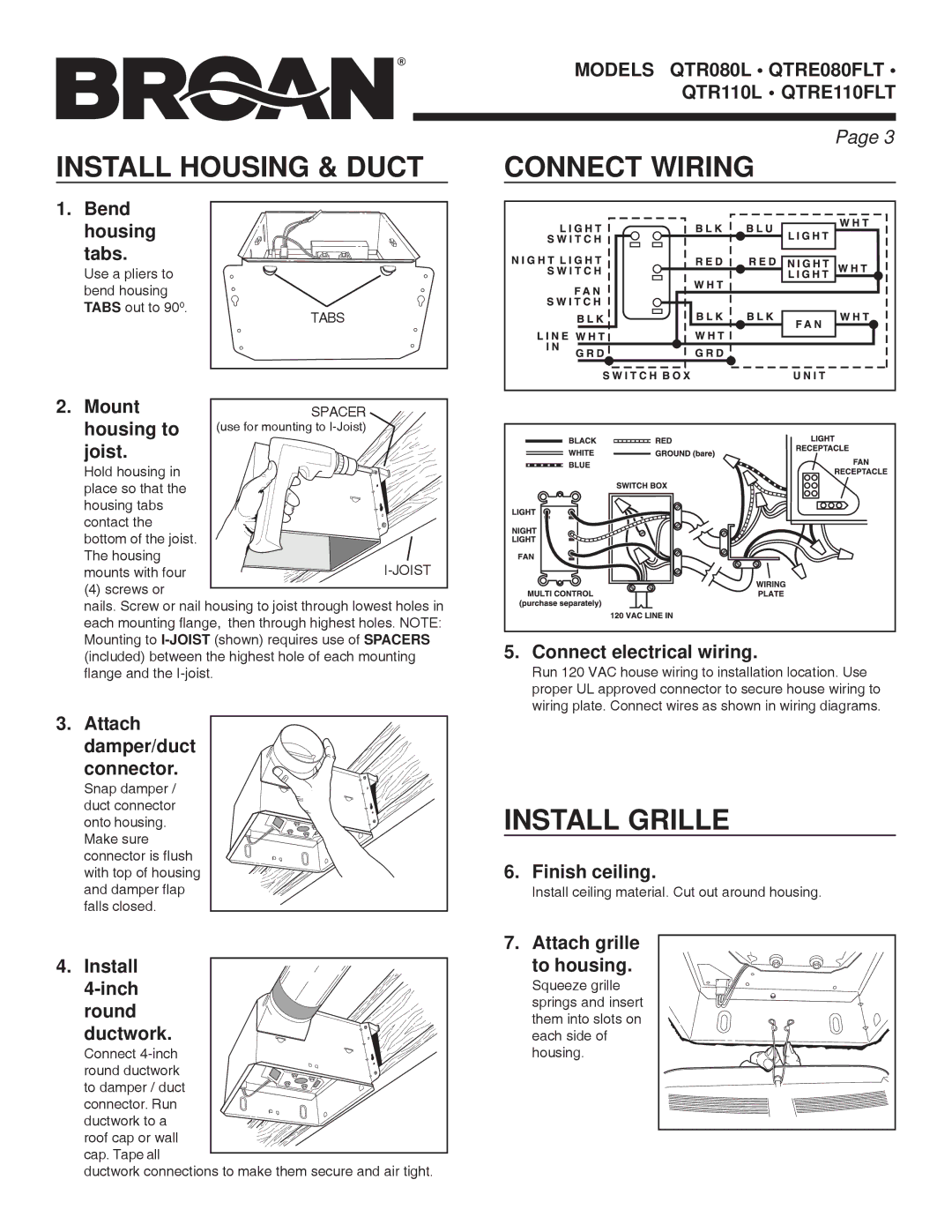 Broan QTR080L, QTRE080FTL, QTR110L, QTRE110FTL, QTRE110FLT manual Install Housing & Duct Connect Wiring, Install Grille 