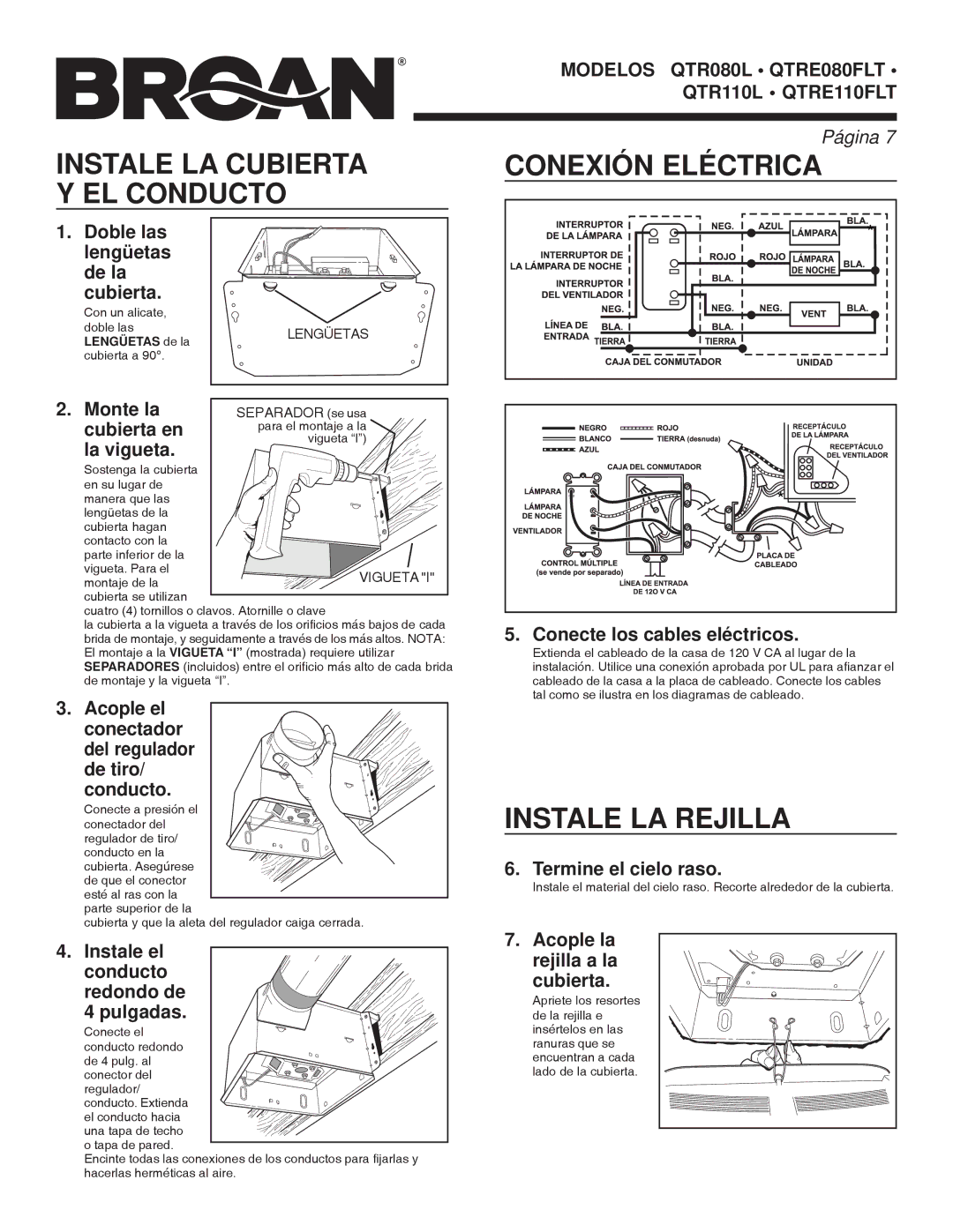 Broan QTR080L, QTRE080FTL, QTR110L, QTRE110FTL Instale LA Cubierta, Conexión Eléctrica, EL Conducto, Instale LA Rejilla 