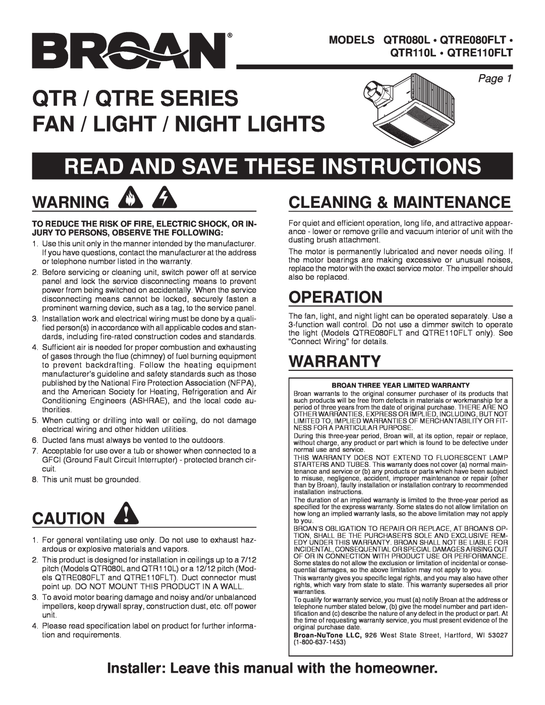 Broan QTRE080FLT, QTRE110FLT manual Read And Save These Instructions, Cleaning & Maintenance, Operation, Warranty, Page 