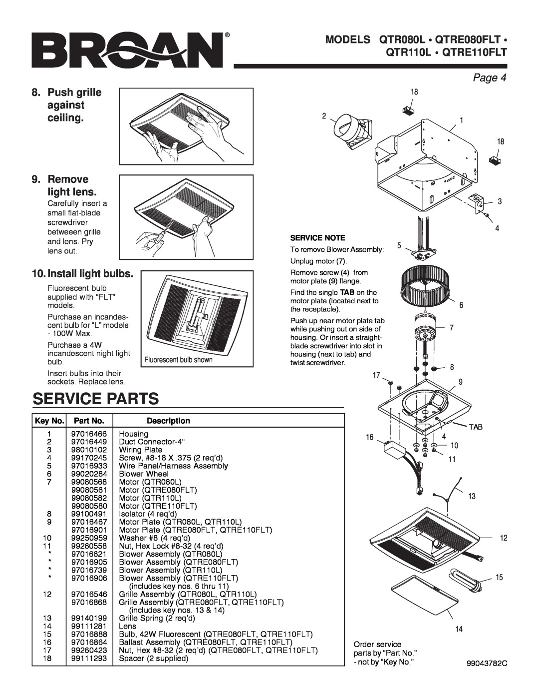 Broan QTRE110FLT, QTRE080FLT, QTR110L manual Service Parts, Page, Key No. Part No, Description 
