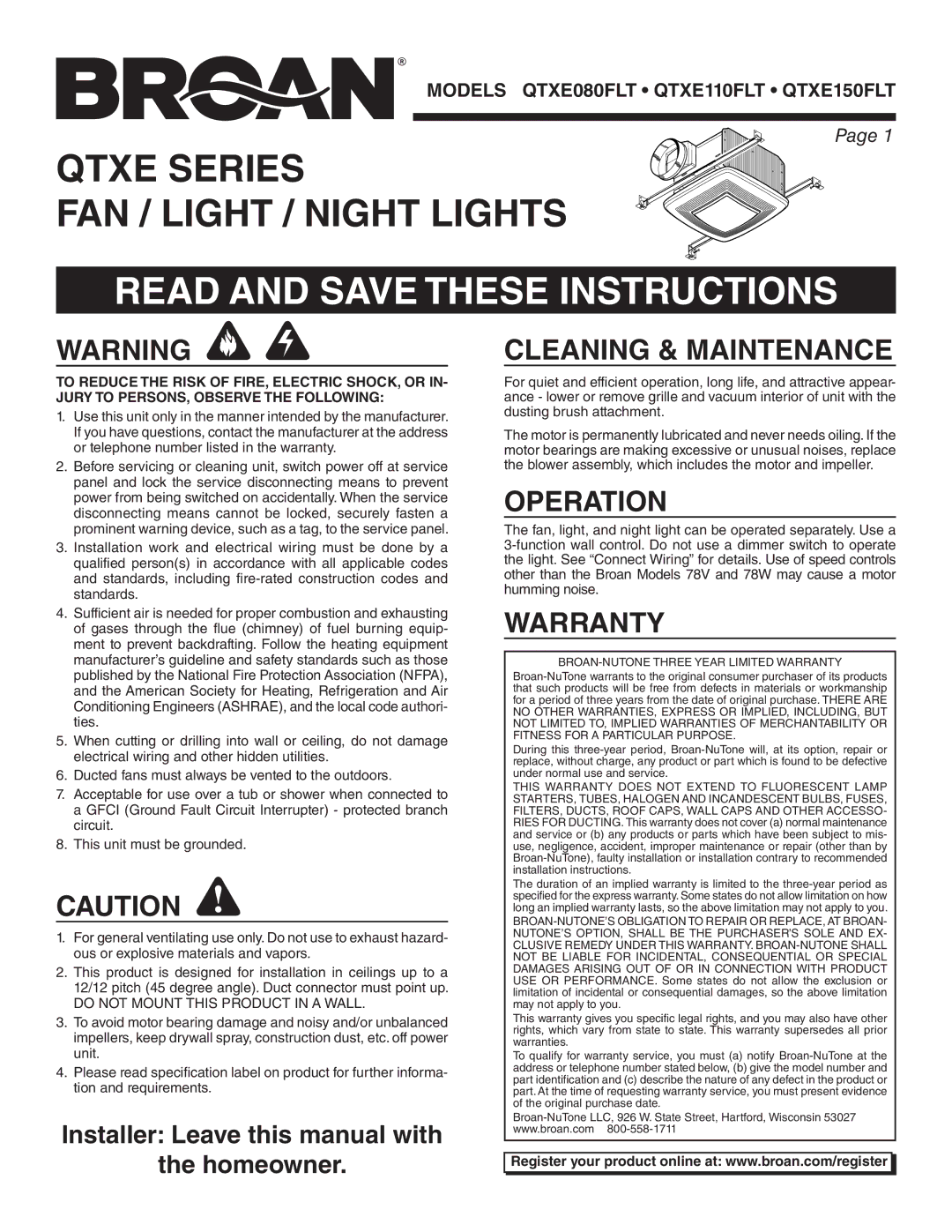 Broan QTXE150FLT, QTXE080FLT warranty Read and Save These Instructions, Cleaning & Maintenance, Operation, Warranty 