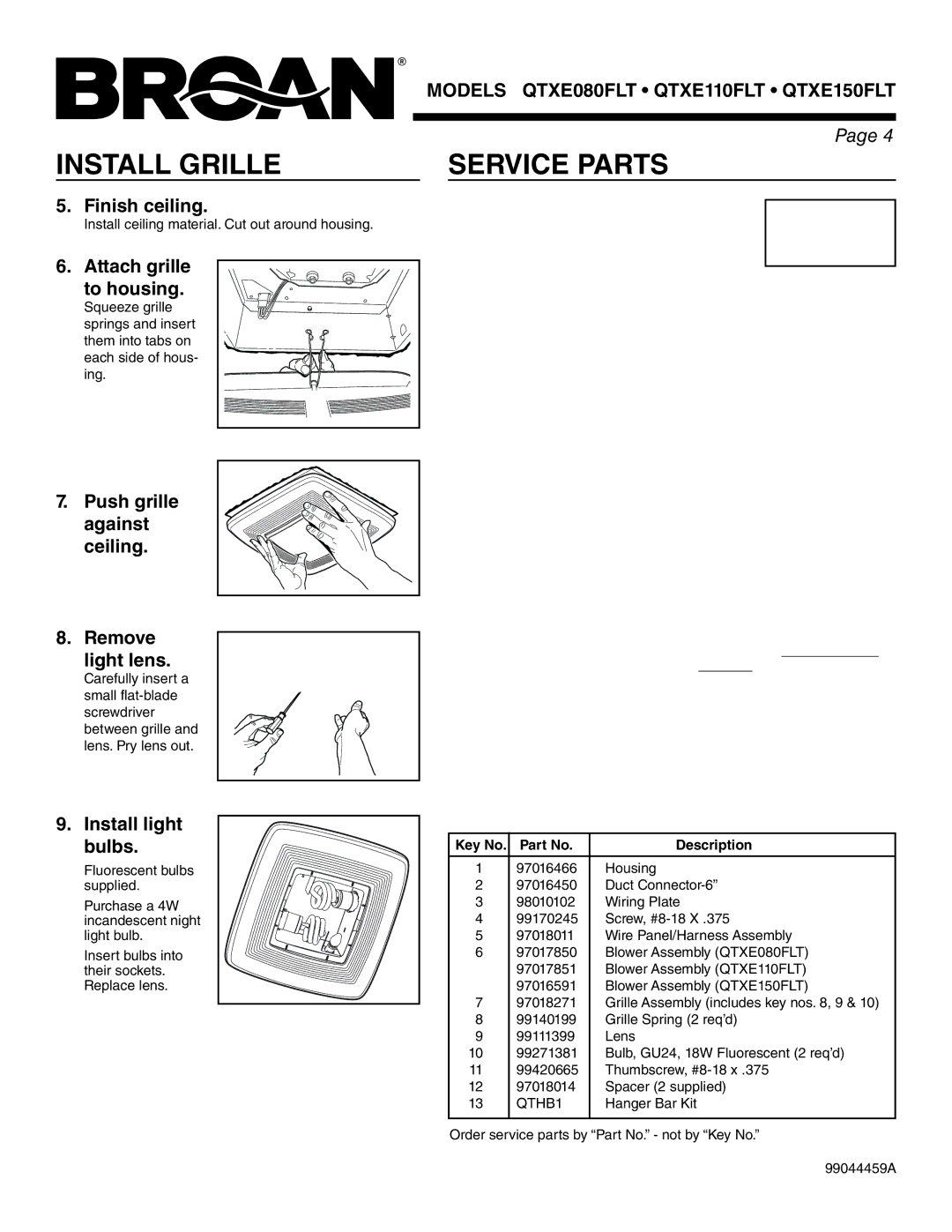 Broan QTXE150FLT, QTXE080FLT, QTXE110FLT warranty Install Grille, Service Parts 