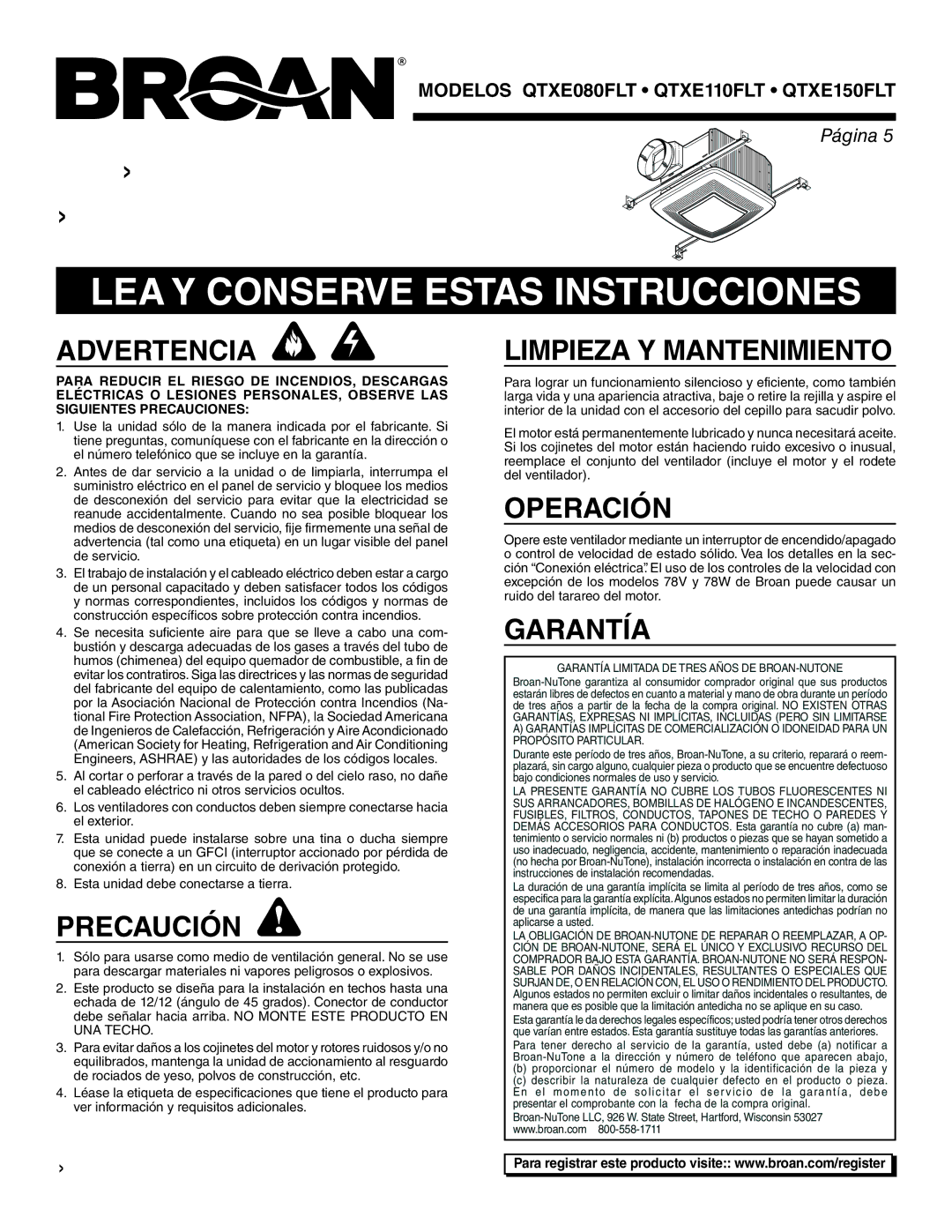 Broan QTXE110FLT, QTXE080FLT, QTXE150FLT warranty LEA Y Conserve Estas Instrucciones 