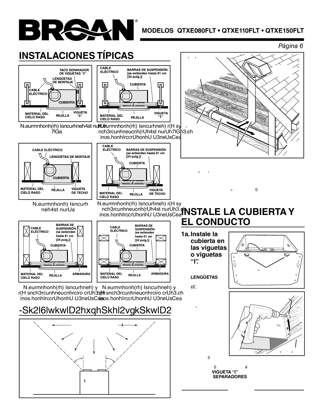 Broan QTXE080FLT, QTXE150FLT Instalaciones Típicas, Instale LA Cubierta Y EL Conducto, En viguetas, Montaje de cubierta 