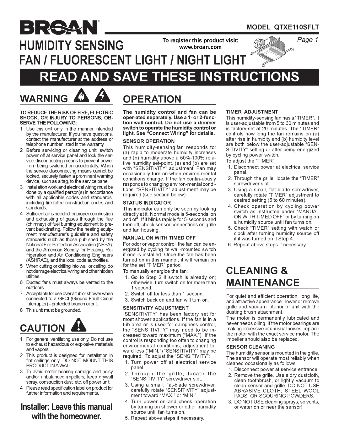 Broan QTXE110SFLT warranty Read and Save These Instructions, Operation, Cleaning & Maintenance 