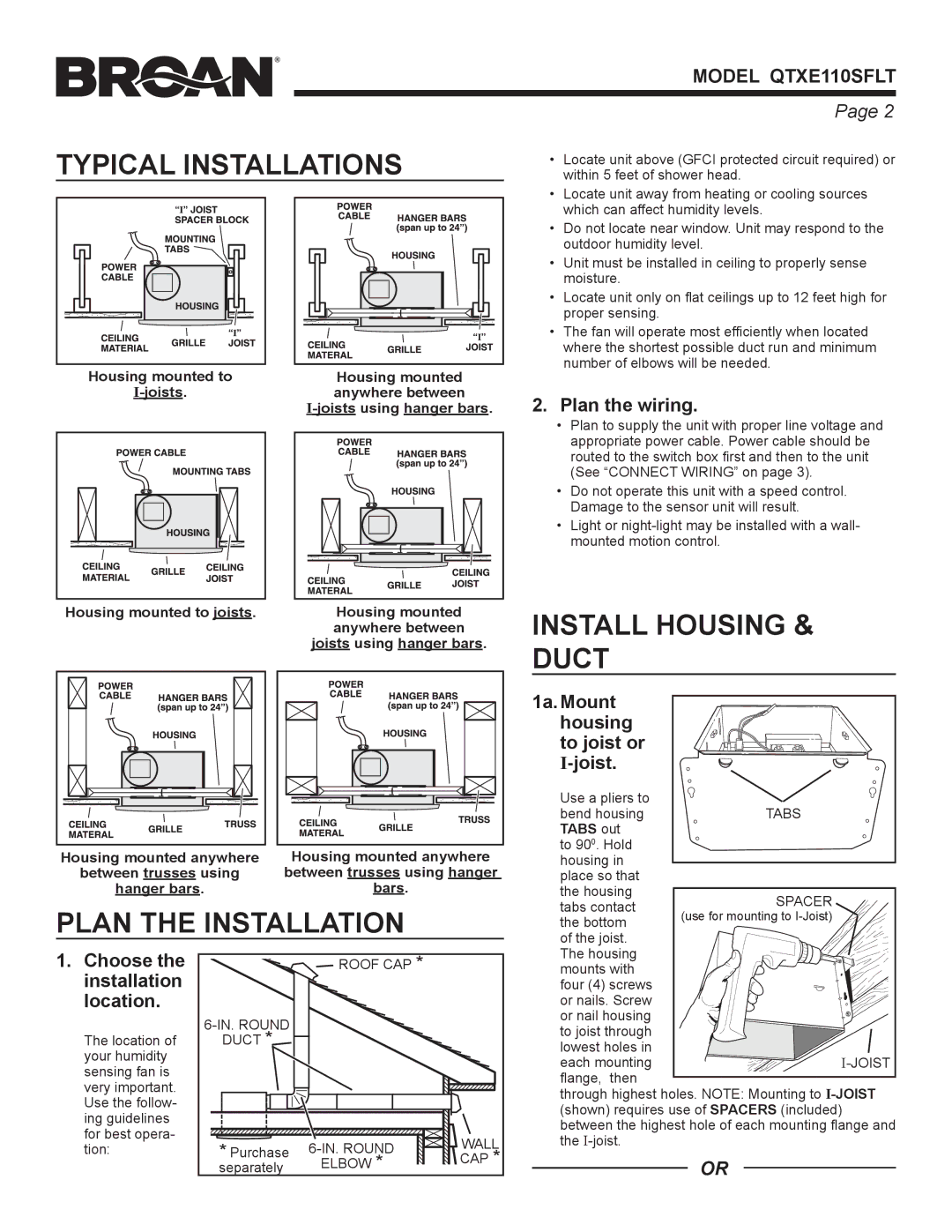 Broan QTXE110SFLT warranty Typical Installations, Install Housing & Duct, Plan the Installation 