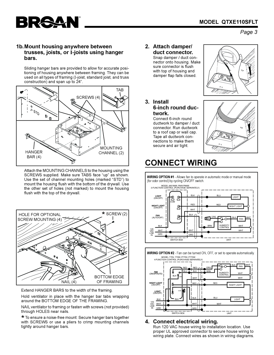 Broan QTXE110SFLT Connect Wiring, Attach damper/ duct connector, Install Inch round duc Twork, Connect electrical wiring 