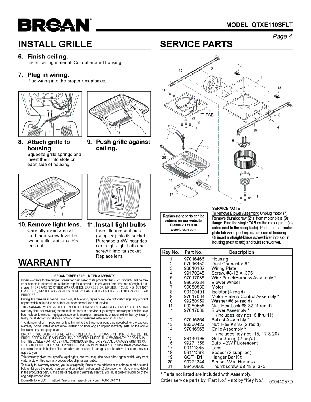 Broan QTXE110SFLT warranty Install Grille, Warranty 