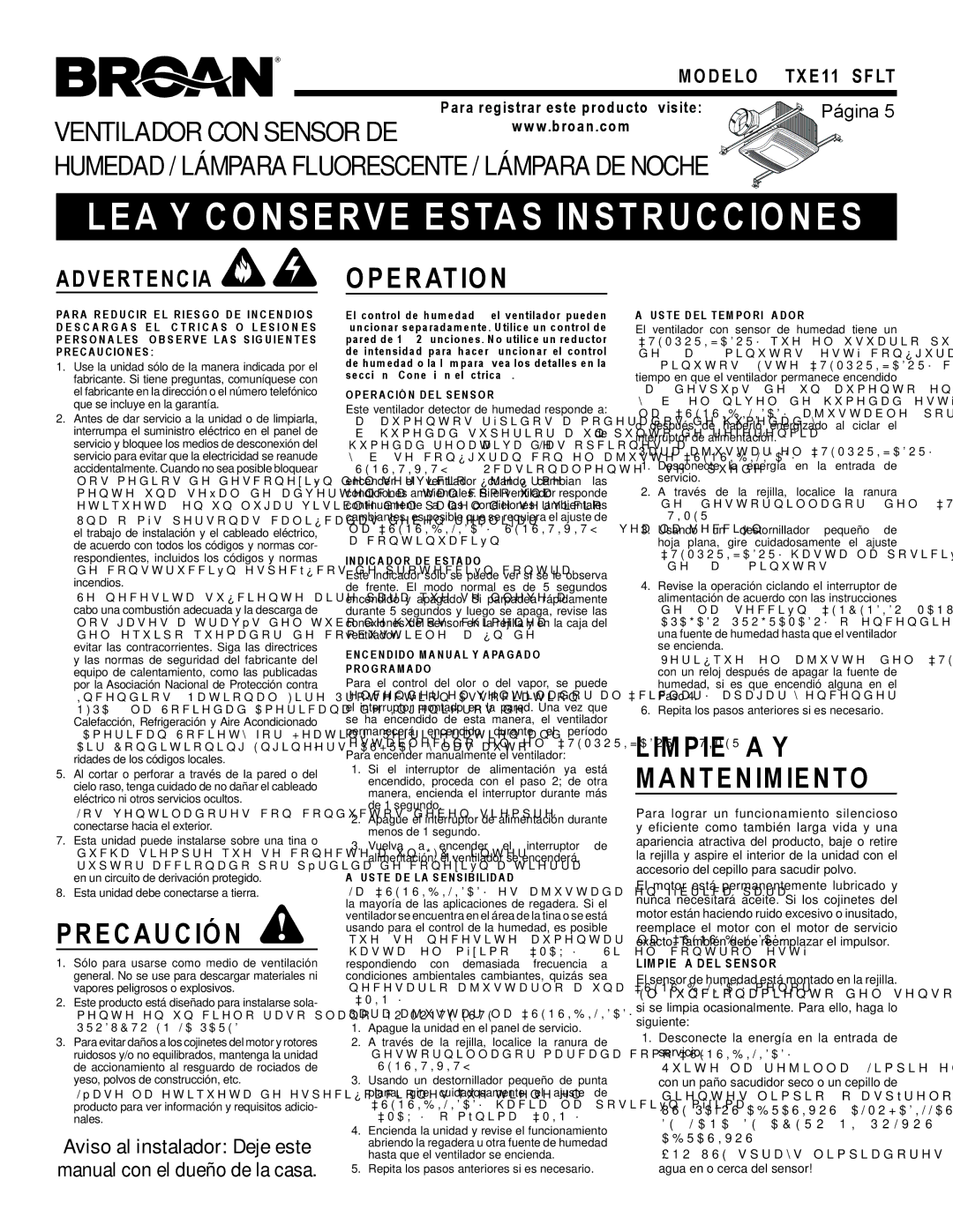 Broan QTXE110SFLT warranty LEA Y Conserve Estas Instrucciones, Precaución, Limpieza Y Mantenimiento 