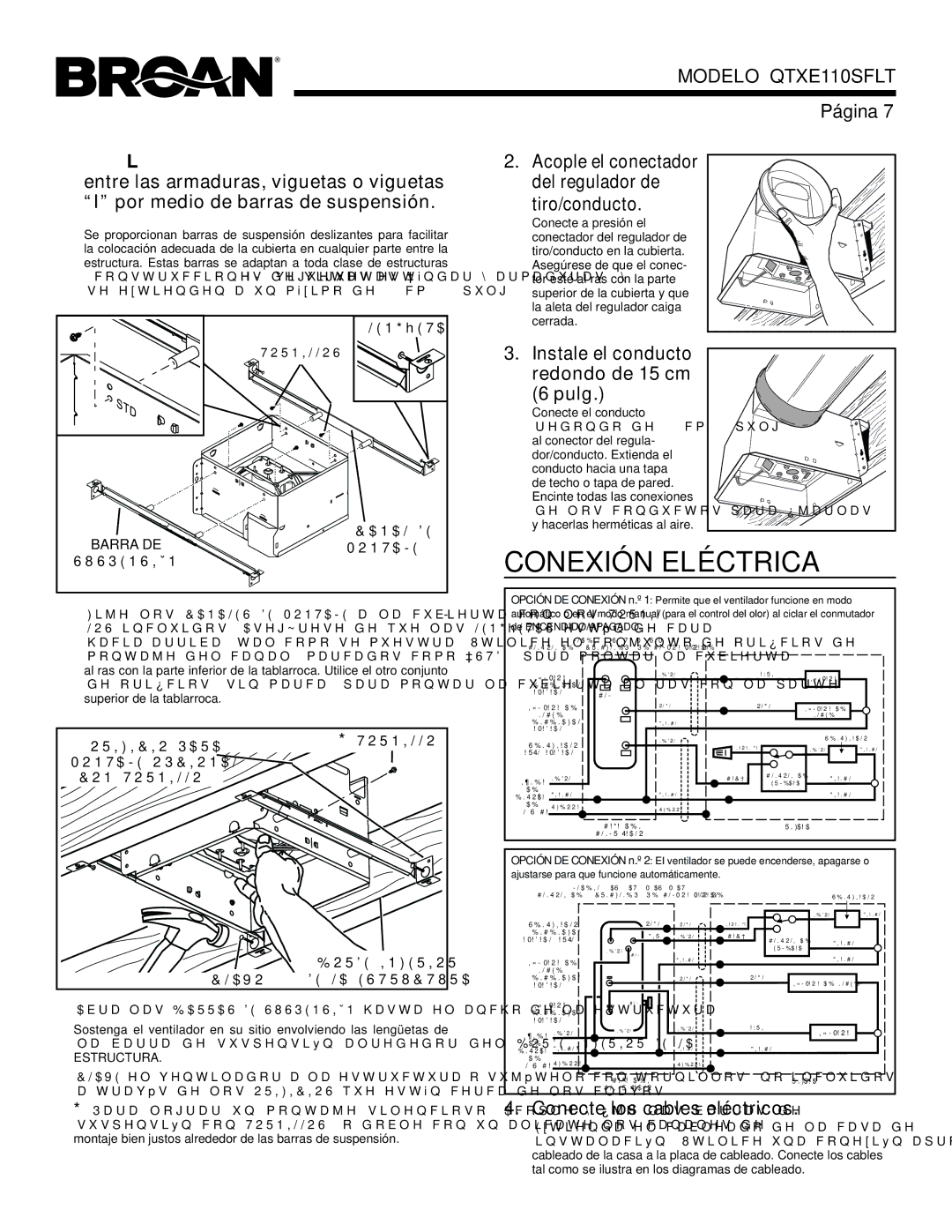 Broan QTXE110SFLT warranty Conexión Eléctrica, Pulg, Conecte los cables eléctricos, Instale el conducto redondo de 15 cm 