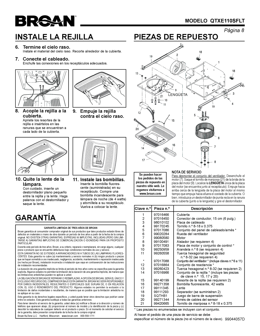 Broan QTXE110SFLT warranty Garantía 