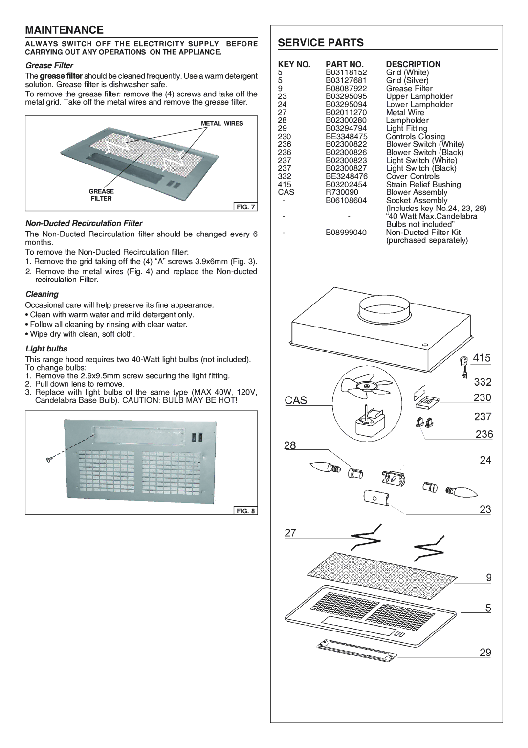 Broan RHVBB20SM manual Cas 