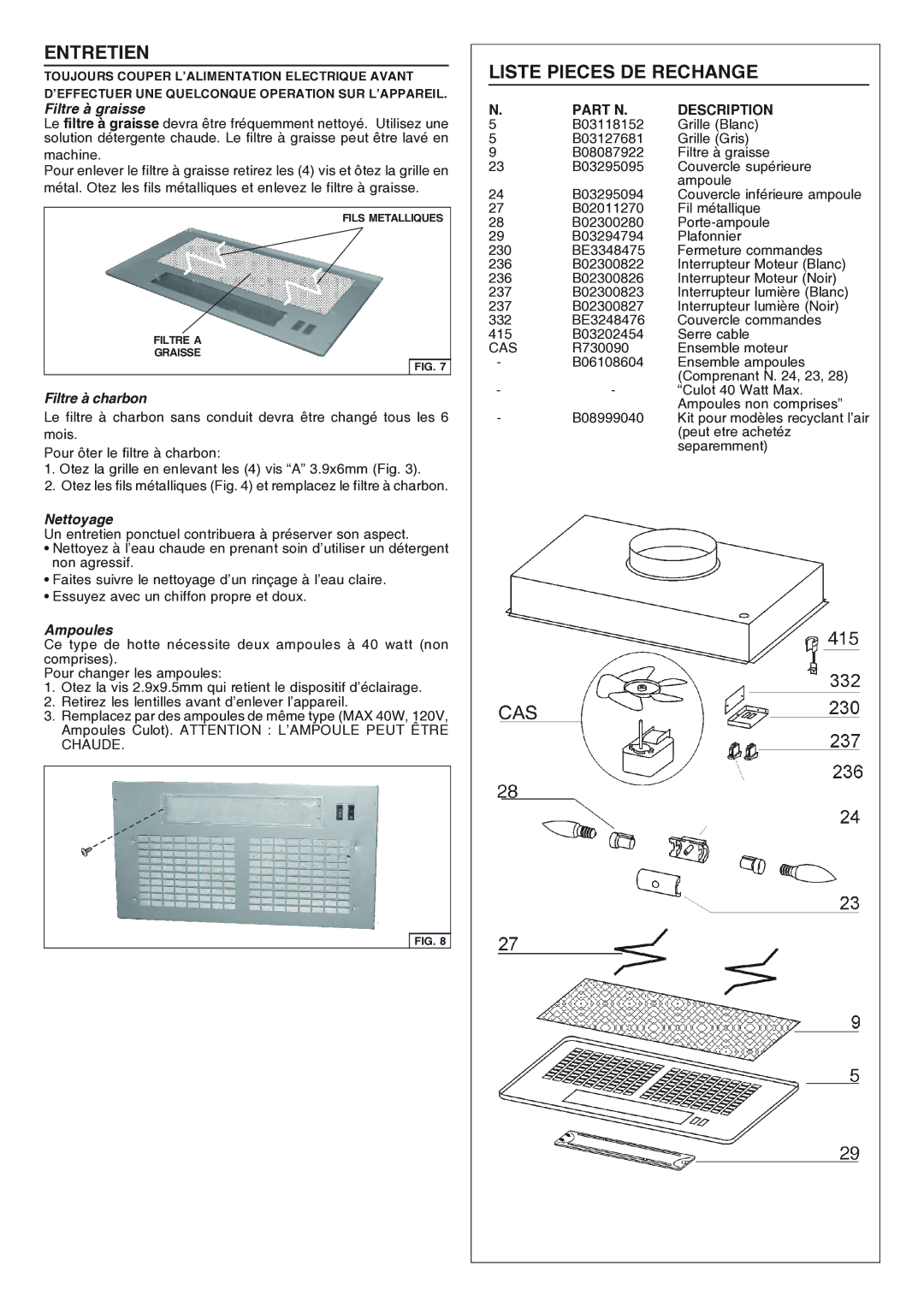 Broan RHVBB20SM manual 28 B02300280 Porte-ampoule 29 B03294794 Plafonnier 