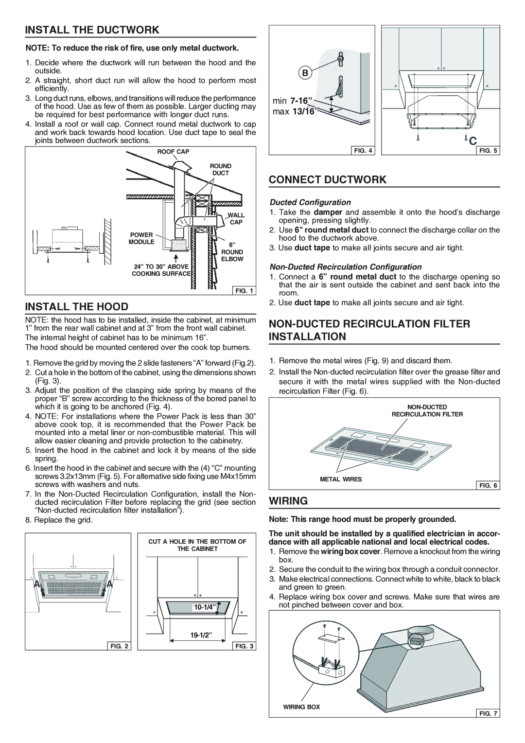 Broan RHVBB20SM Install the Ductwork, Install the Hood, Connect Ductwork, NON-DUCTED Recirculation Filter Installation 