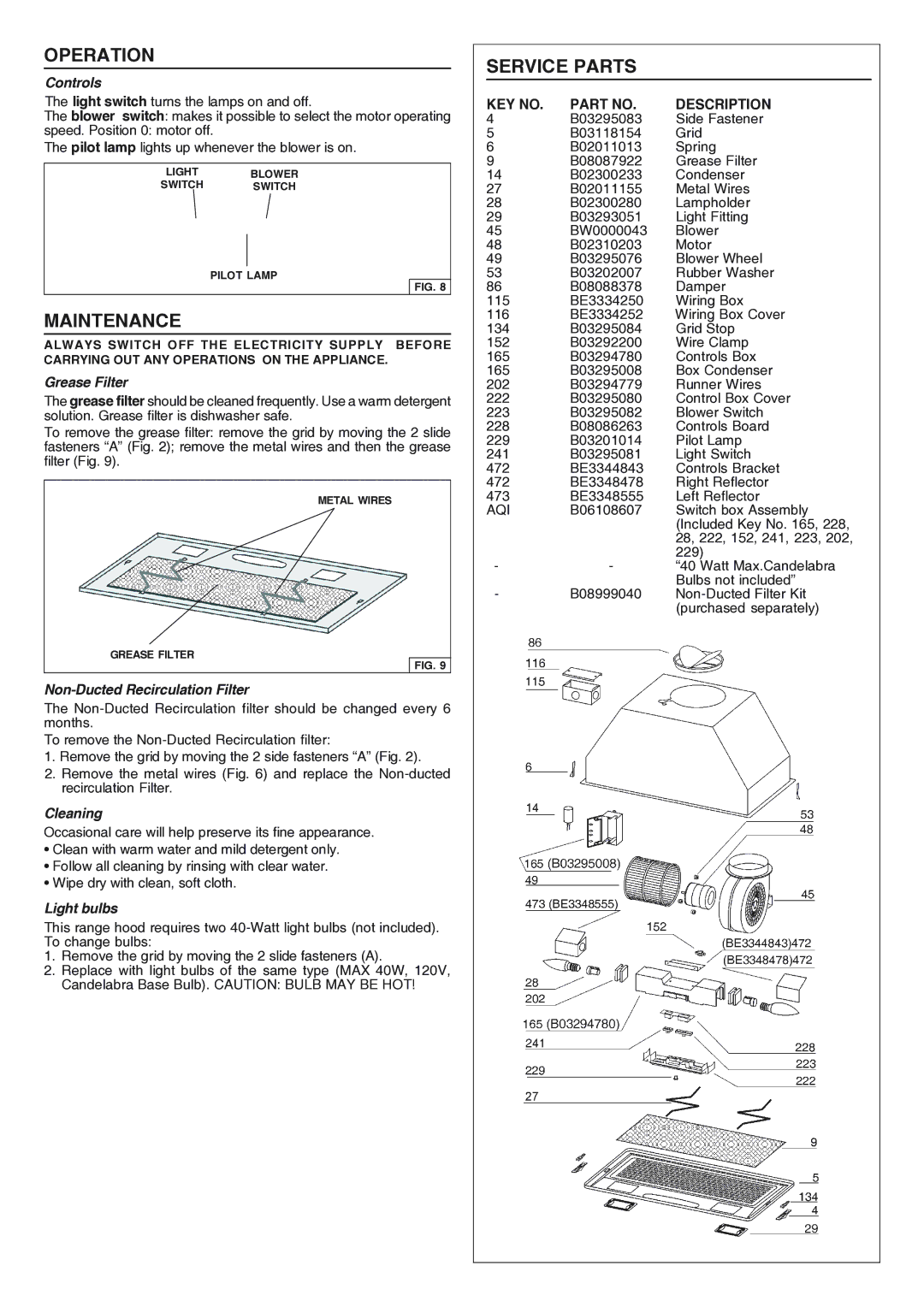 Broan RHVBB20SM manual Operation, Maintenance, Service Parts 