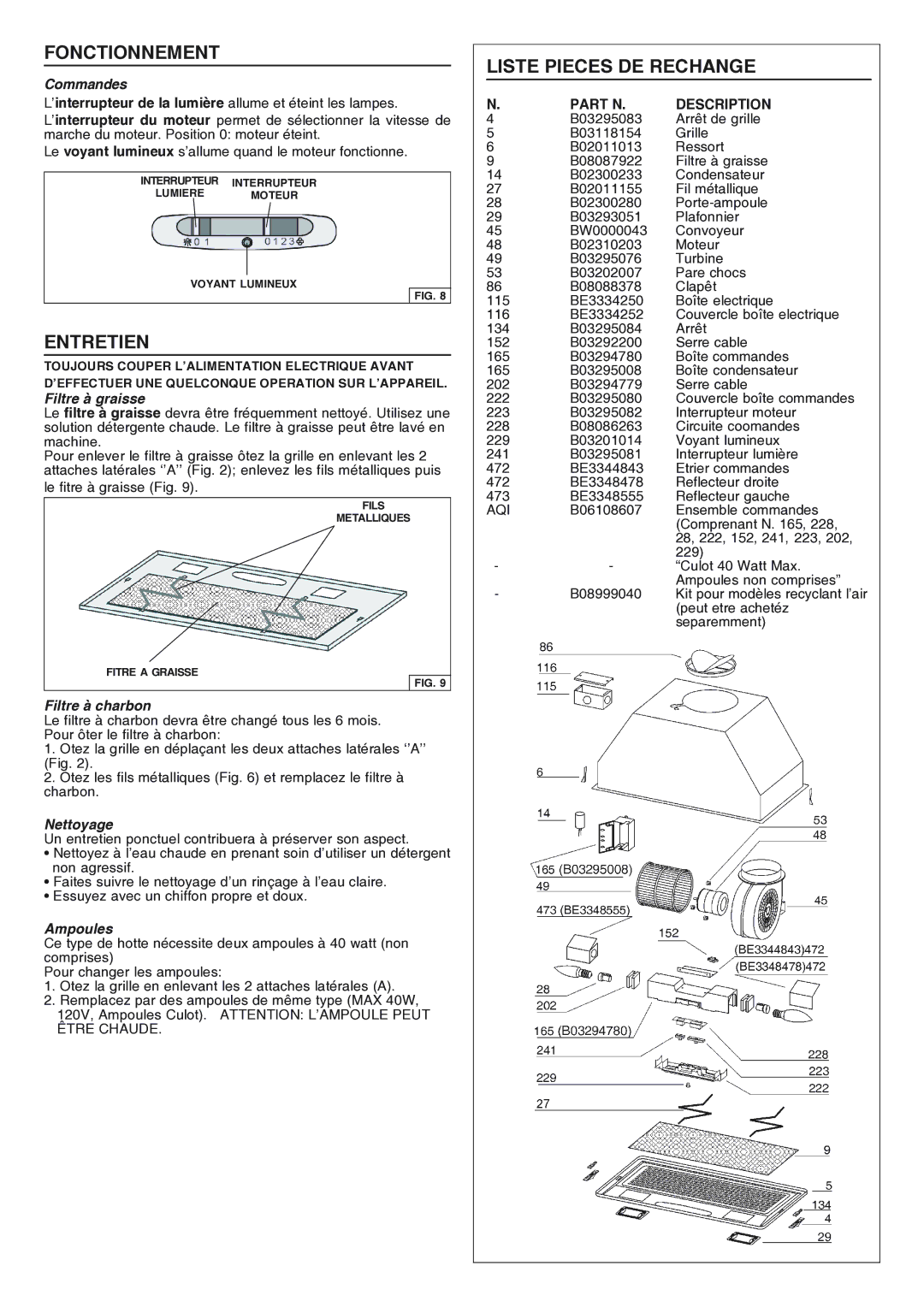 Broan RHVBB20SM manual Fonctionnement, Entretien, Liste Pieces DE Rechange 